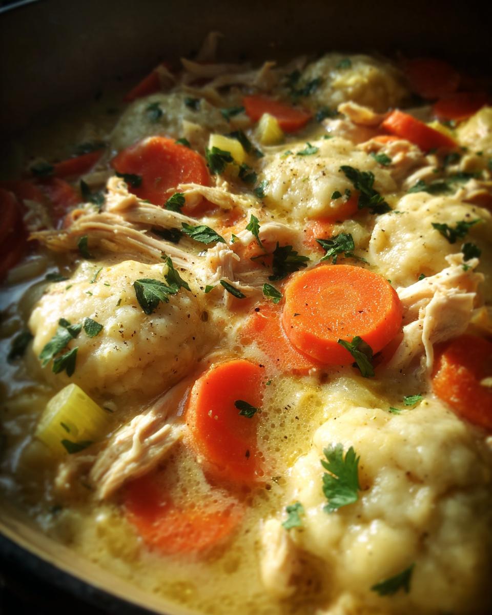 Close-up of hearty Crockpot Chicken and Dumplings with tender chicken, fluffy dumplings, and sliced carrots.