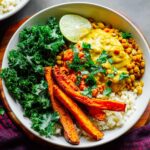A vibrant Curried Lentil Sweet Potato Bowl featuring roasted sweet potato fries, kale, lentils, and a lime wedge.