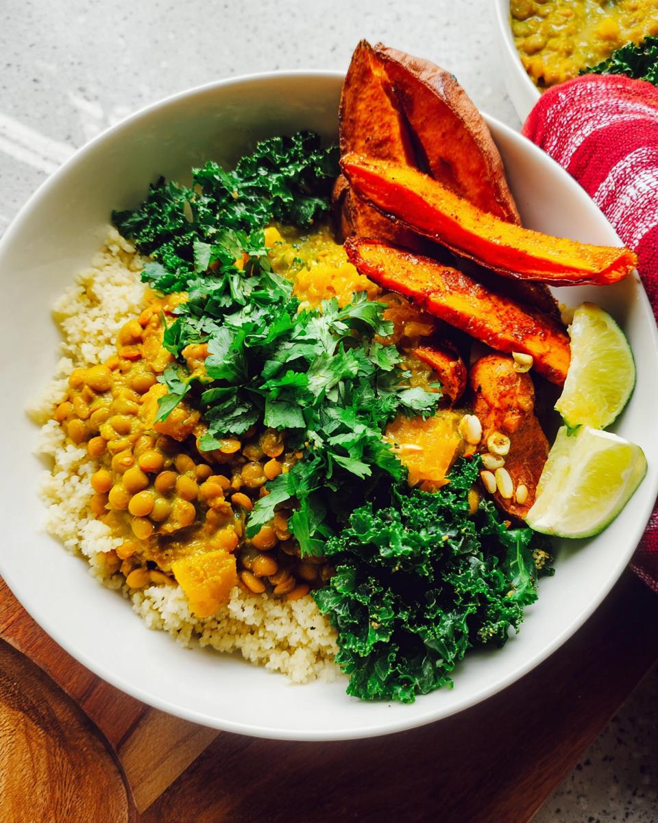 Curried Lentil Sweet Potato Bowl: Wholesome Comfort 5 A vibrant Curried Lentil Sweet Potato Bowl with couscous, kale, roasted sweet potato wedges, and fresh cilantro.
