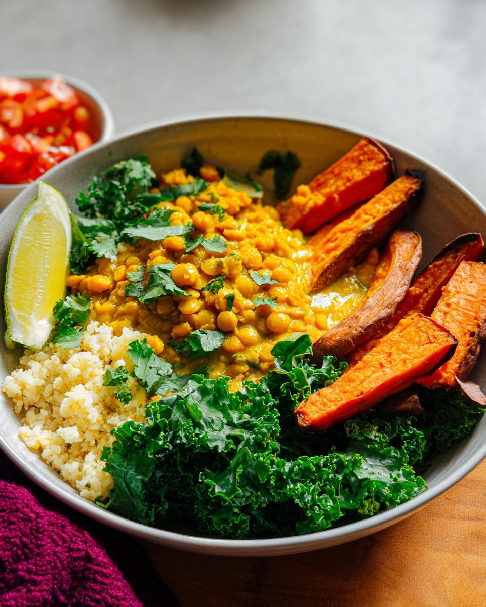 Curried Lentil Sweet Potato Bowl: Wholesome Comfort 4 A vibrant Curried Lentil Sweet Potato Bowl featuring lentils, sweet potato wedges, couscous, kale, and lime.