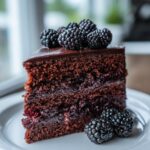 A decadent slice of dark chocolate blackberry cake, topped with fresh blackberries and chocolate ganache.