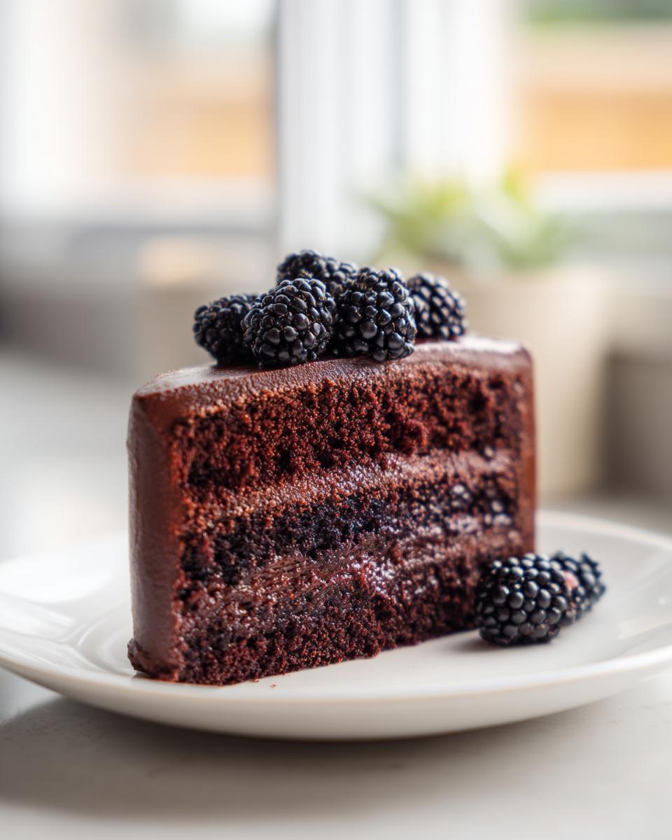 Decadent Dark Chocolate Blackberry Cake Recipe 4 A rich slice of Dark Chocolate Blackberry Cake, topped with fresh blackberries, on a white plate.