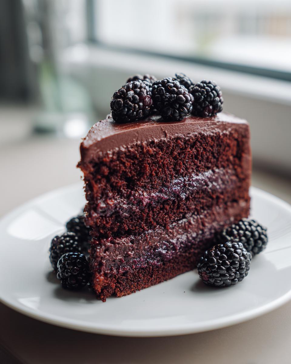 Decadent Dark Chocolate Blackberry Cake Recipe 5 A rich slice of dark chocolate blackberry cake topped with fresh blackberries.