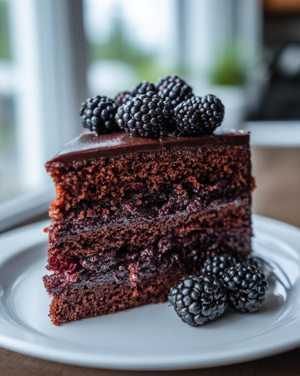 A decadent slice of dark chocolate blackberry cake topped with fresh blackberries and chocolate ganache.