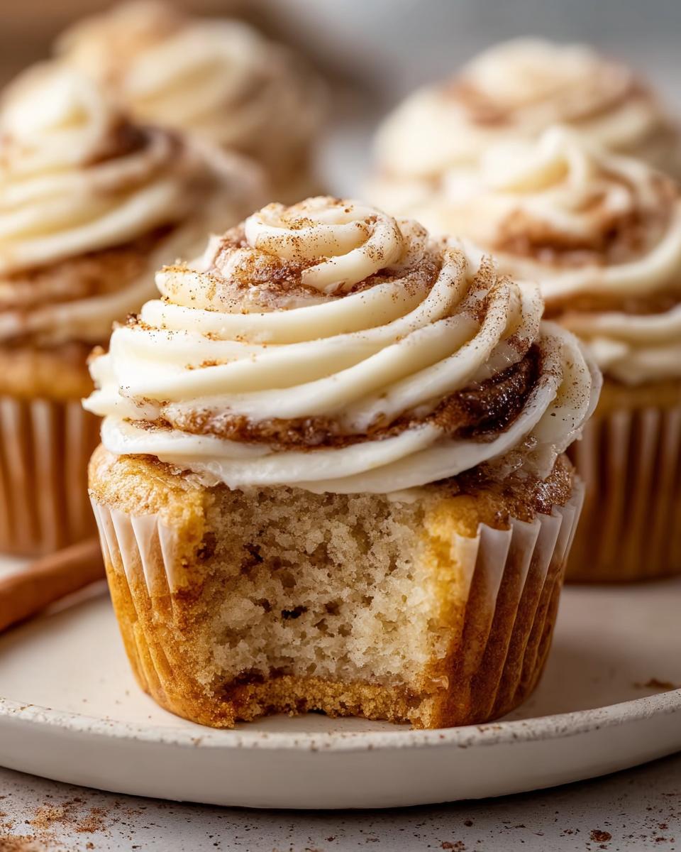A close-up of a Delicious Cinnamon Roll Cupcake with a bite taken out, showing the fluffy interior and swirled cream cheese frosting.