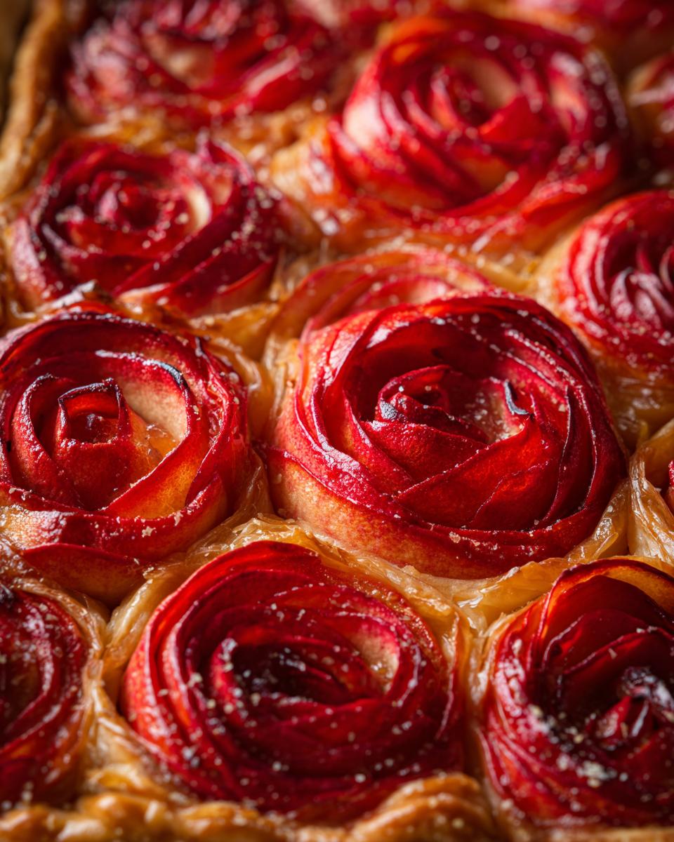 Easy Apple Rose Tart: Elegant Dessert Magic 4 Close-up of an easy apple rose tart recipe, showcasing the beautiful red apple slices arranged like roses on a golden crust.