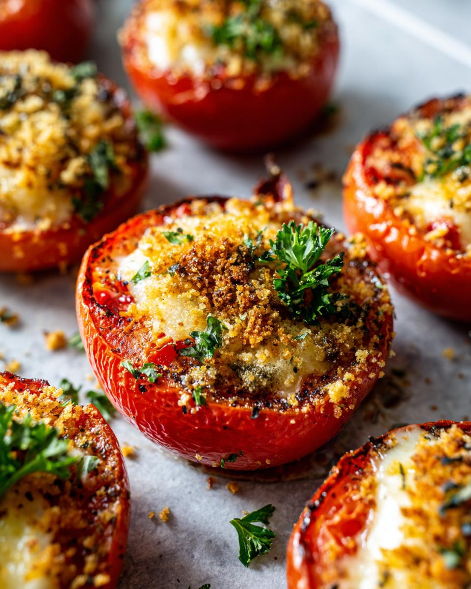 Easy Baked Tomatoes with Cheese: 30 Min Magic 5 Close-up of easy baked tomatoes with cheese, topped with breadcrumbs and fresh parsley.