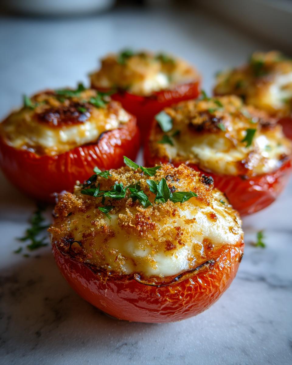 Easy Baked Tomatoes with Cheese: 30 Min Magic 4 Close-up of a baked tomato stuffed with cheese and breadcrumbs, garnished with parsley. Easy Baked Tomatoes with Cheese Recipe.