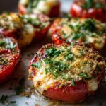 Close-up of easy baked tomatoes with cheese and herbs, showing melted cheese and breadcrumbs.