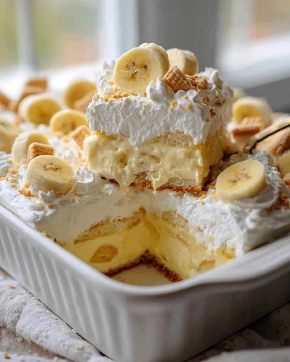 Easy Banana Pudding Poke Cake: 1 Must-Try Recipe 5 A slice of Easy Banana Pudding Poke Cake is lifted from a white baking dish, revealing layers of cake, banana pudding, and whipped cream.