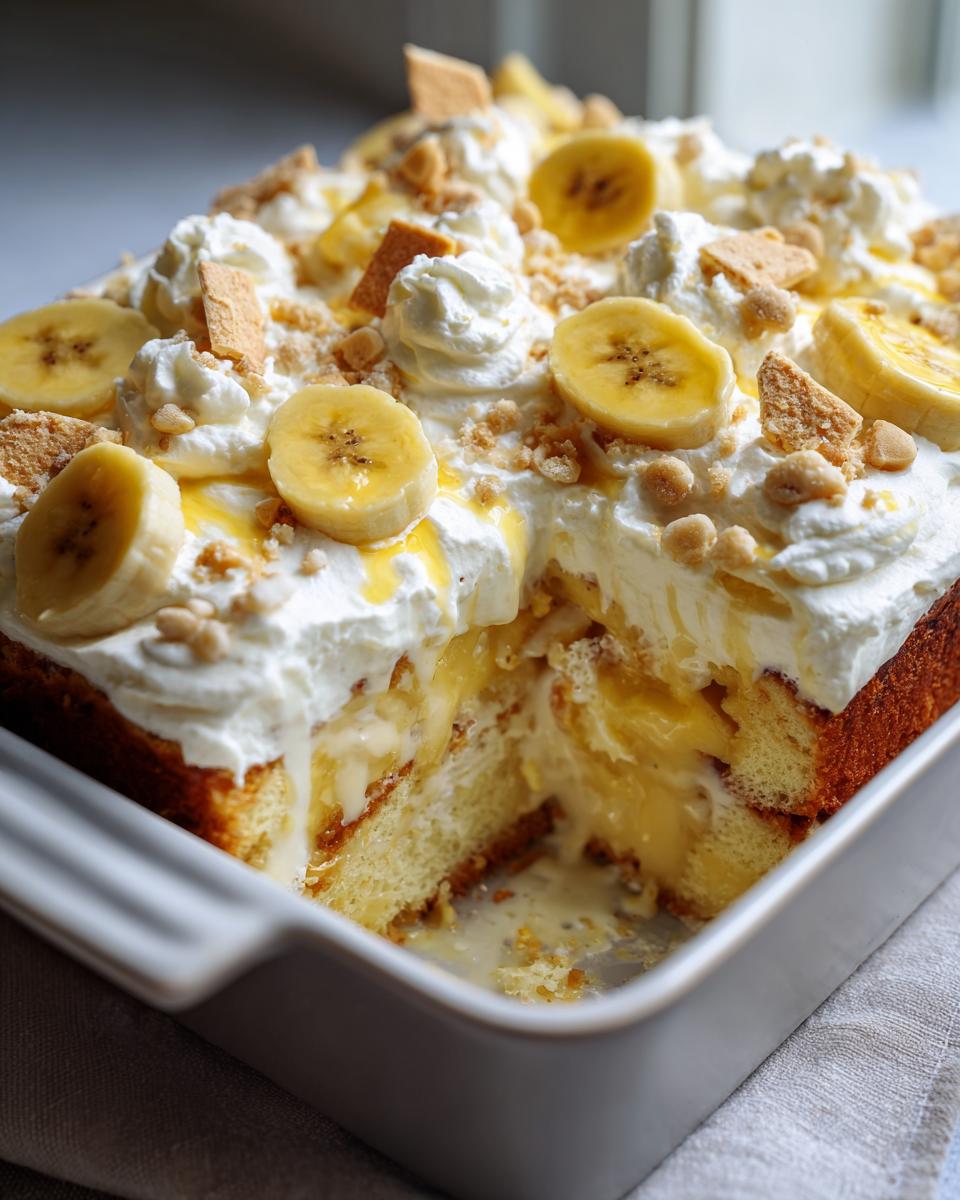 Easy Banana Pudding Poke Cake: 1 Must-Try Recipe 4 A slice of easy Banana Pudding Poke Cake topped with whipped cream, banana slices, and crushed cookies.