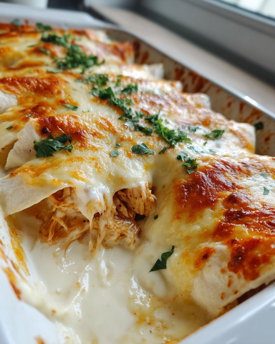 Close-up of easy chicken enchiladas with a creamy white sauce and melted cheese, garnished with parsley.