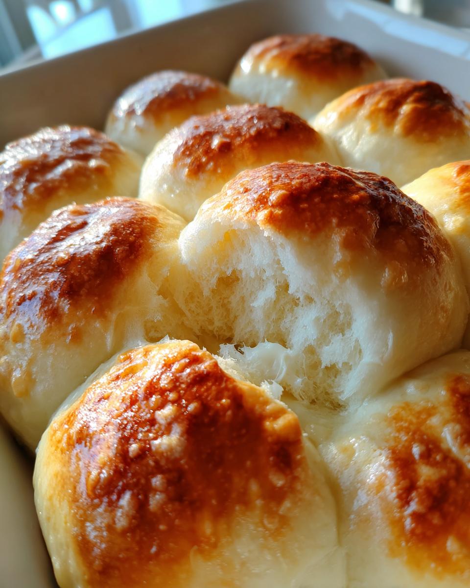 Close-up of a baking dish filled with golden-brown, fluffy soft dinner rolls, one is pulled apart showing its airy texture.