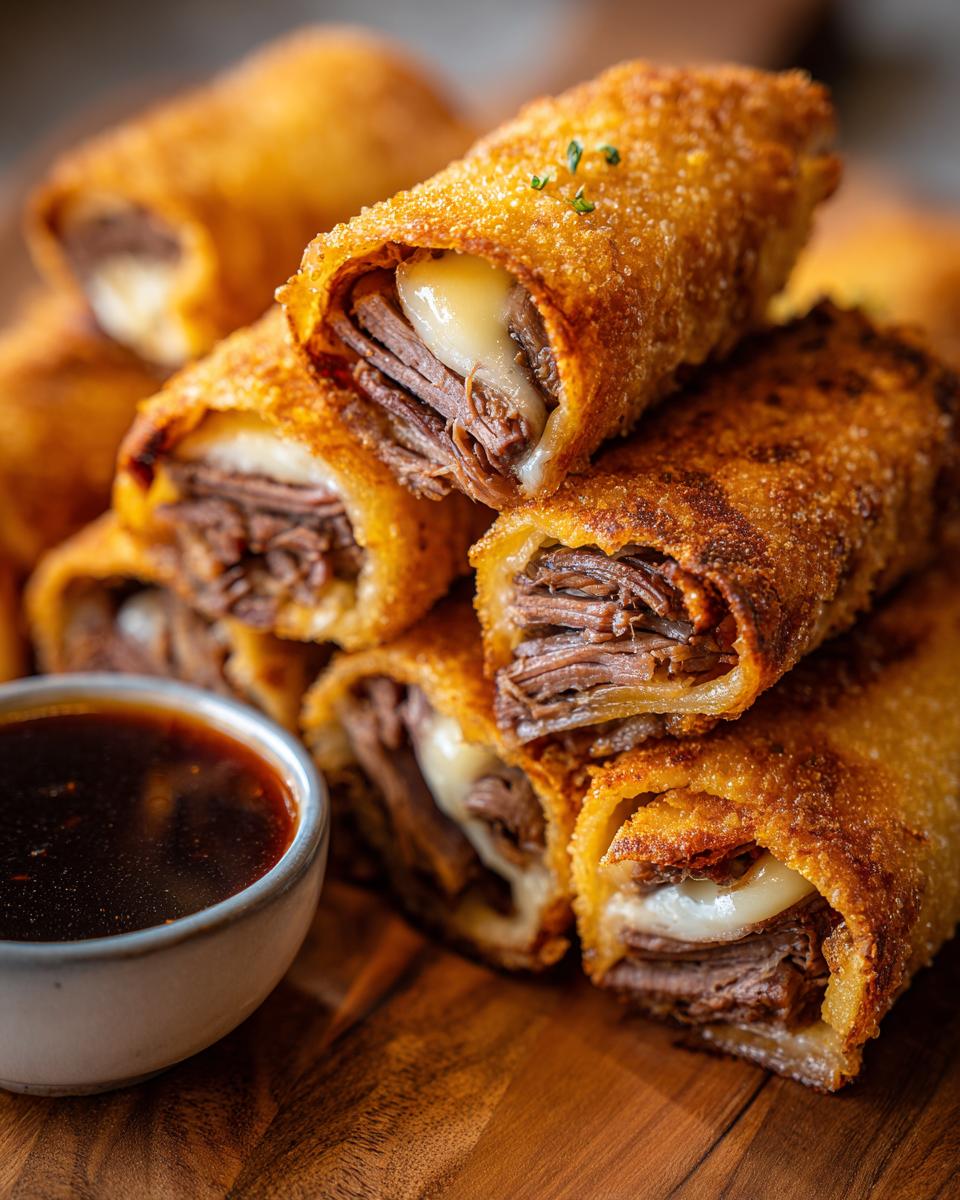 Close-up of Easy French Dip Tortilla Roll-Ups filled with shredded beef and melted cheese, served with a side of au jus.