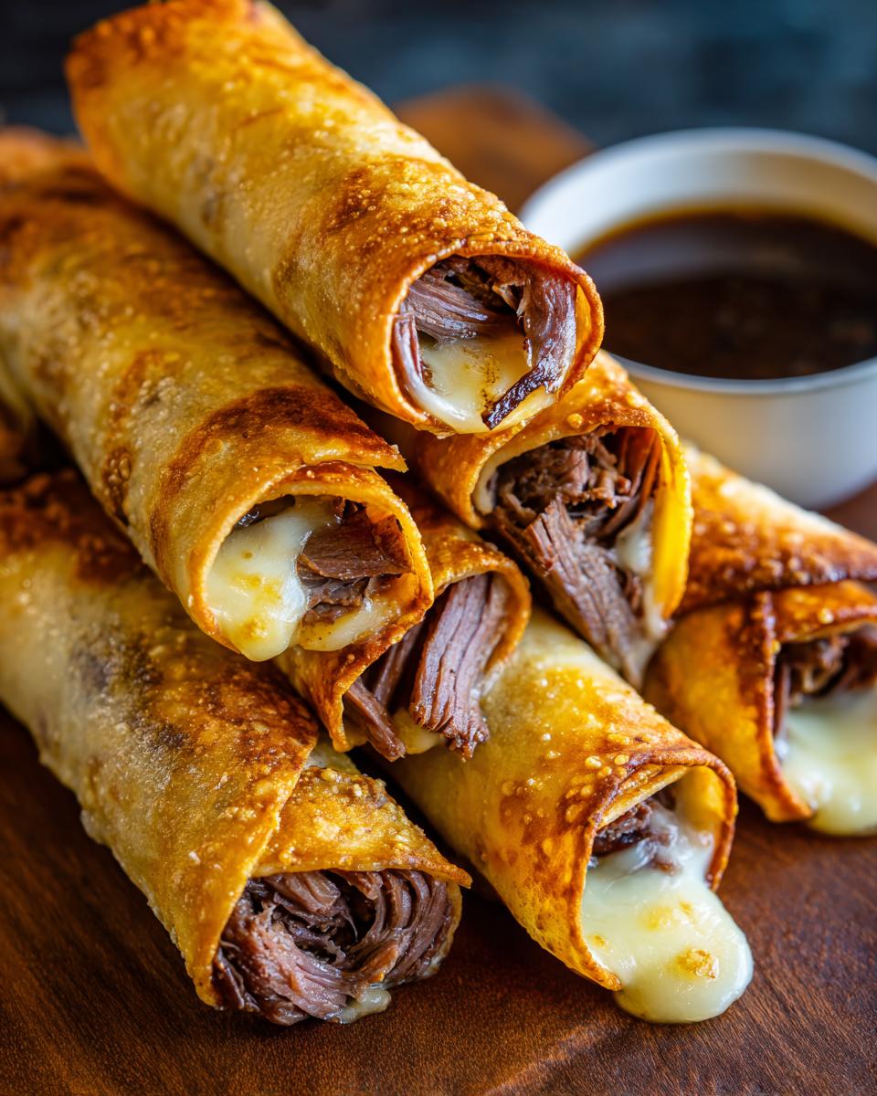 Close-up of golden brown Easy French Dip Tortilla Roll-Ups filled with shredded beef and melted cheese, served with au jus.