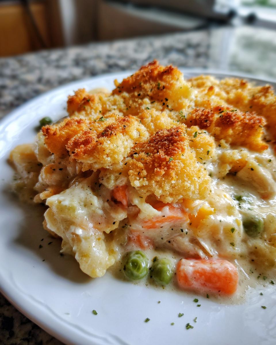 Easy Ina Garten Chicken Casserole: Pure Comfort 4 A close-up of a serving of Easy Ina Garten Inspired Chicken Casserole, featuring tender chicken, vegetables, and a golden breadcrumb topping.