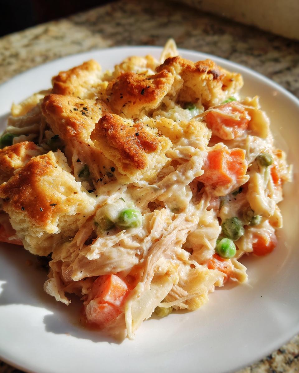 Easy Ina Garten Chicken Casserole: Pure Comfort 5 Close-up of a serving of Easy Ina Garten Inspired Chicken Casserole with shredded chicken, peas, and carrots topped with biscuits.