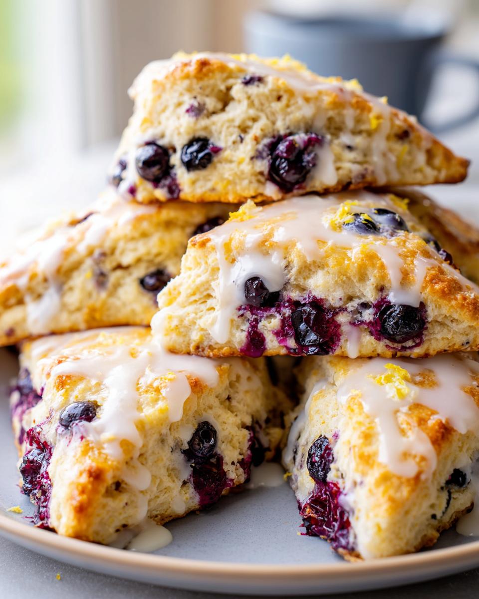A stack of delicious Lemon Blueberry Scones drizzled with a sweet glaze and topped with lemon zest.