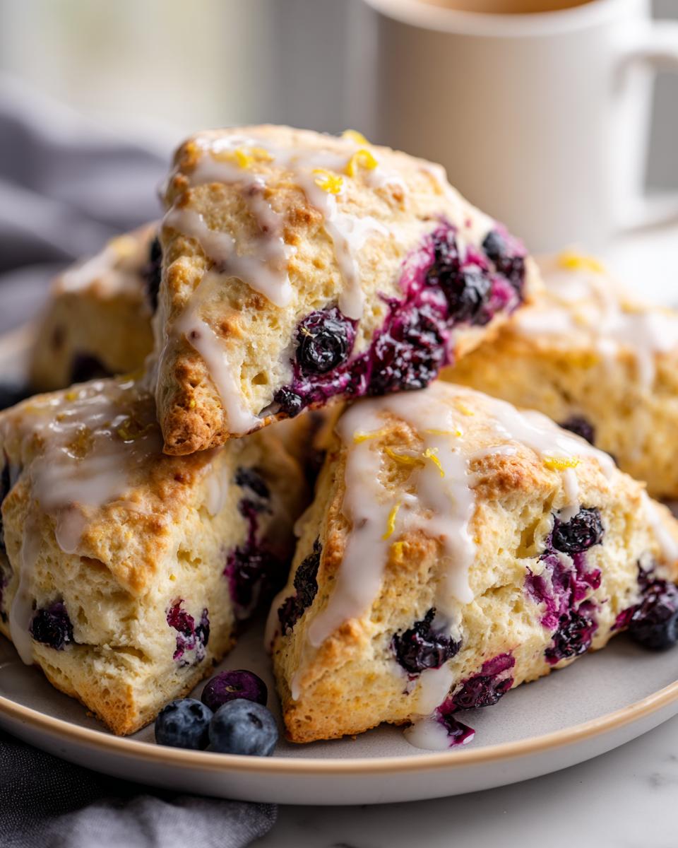 Close-up of stacked Easy Lemon Blueberry Scones, drizzled with white glaze and topped with lemon zest.
