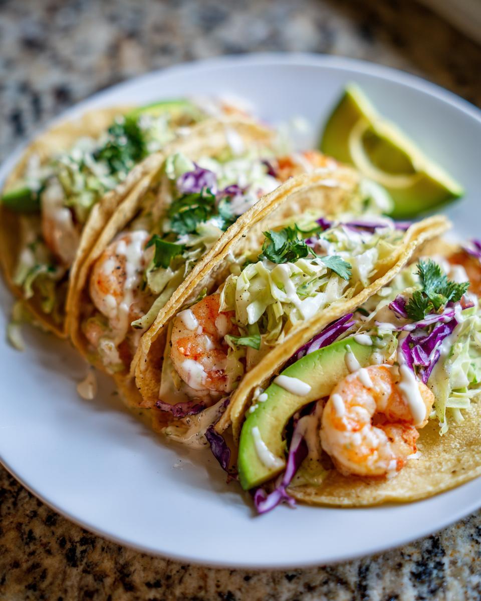 Easy Shrimp Tacos Recipe 5-Minute: Speedy Winner 4 Close-up of three Easy Shrimp Tacos Recipe 5-Minute with avocado slices, shredded cabbage, and a creamy sauce.