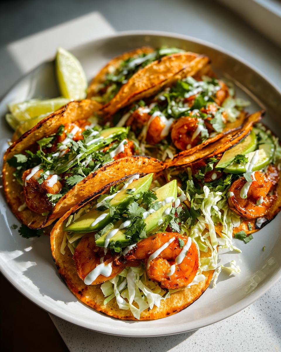 Easy Shrimp Tacos Recipe 5-Minute: Speedy Winner 5 A close-up of delicious Easy Shrimp Tacos Recipe 5-Minute, filled with shrimp, avocado, cabbage, and drizzled with sauce.