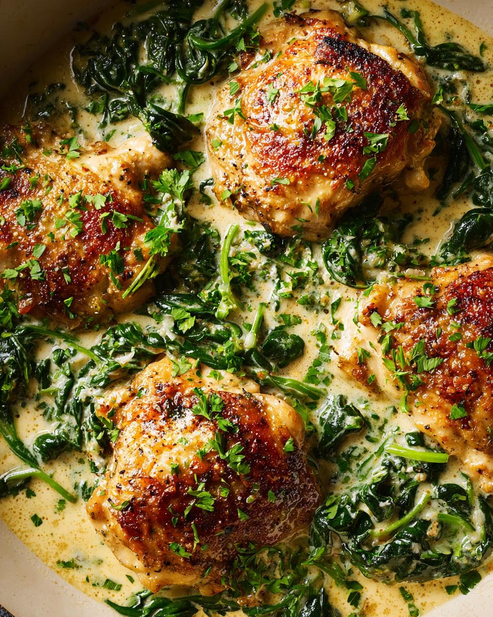 Effortless Creamy Chicken: 1 Skillet Dinner 4 Close-up of golden-brown, pan-seared boneless skinless chicken thighs nestled in a creamy spinach sauce, garnished with fresh parsley.