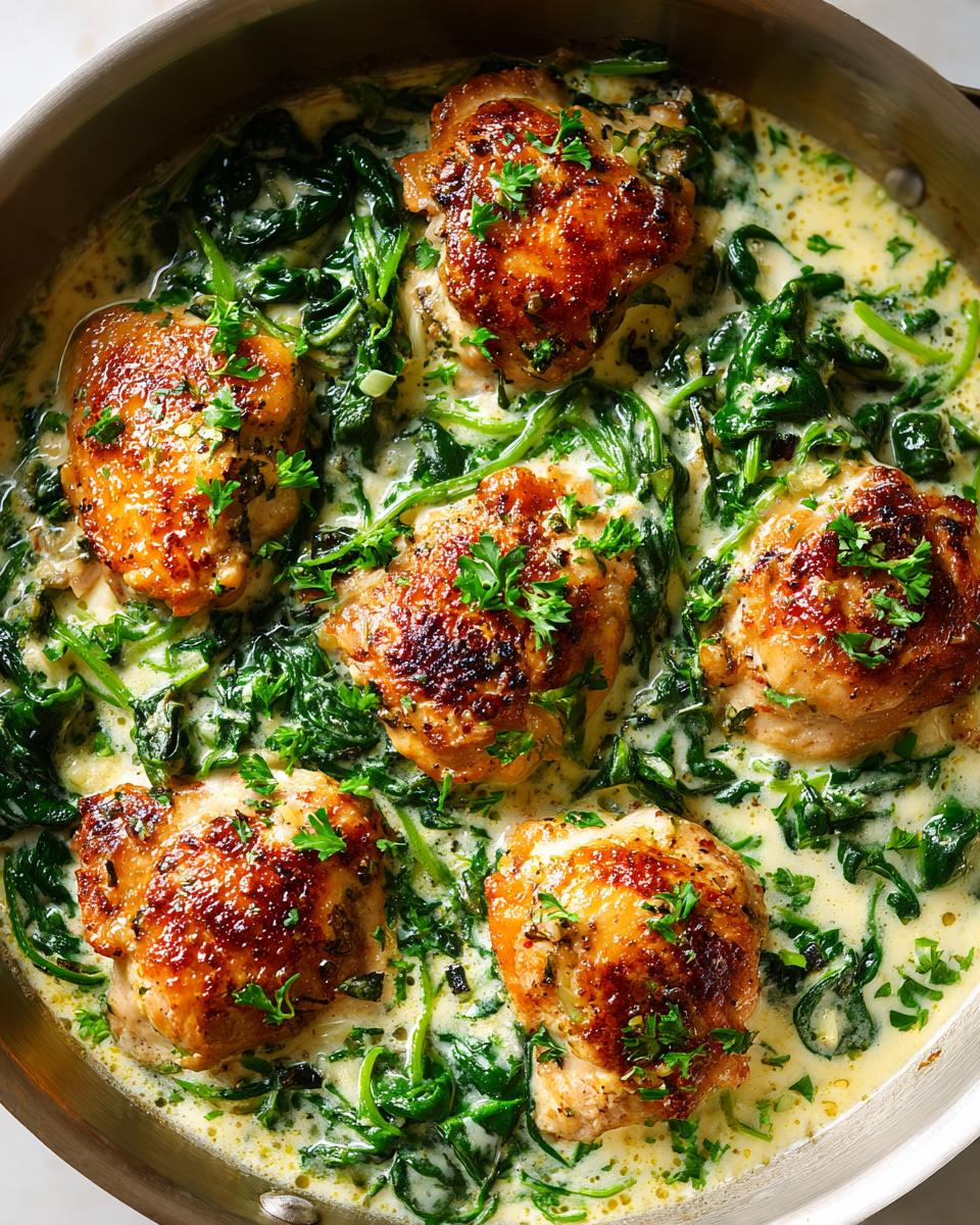 Effortless Creamy Chicken: 1 Skillet Dinner 5 Close-up of golden-brown seared boneless skinless chicken thighs in a creamy spinach sauce.