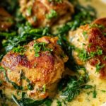 Close-up of golden-brown, pan-seared boneless skinless chicken thighs in a creamy sauce with wilted spinach, garnished with parsley.