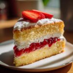 A slice of elegant Victoria Sponge Cake with fresh cream, strawberry jam, and topped with sliced strawberries.
