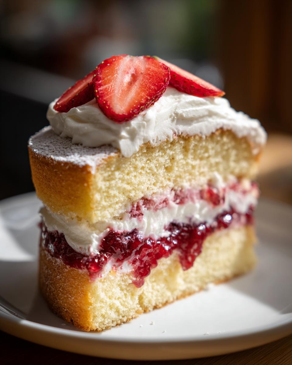 Elegant Victoria Sponge Cake: Perfect Summer Bake 5 A slice of elegant Victoria Sponge Cake filled with cream and jam, topped with fresh strawberries and dusted with powdered sugar.