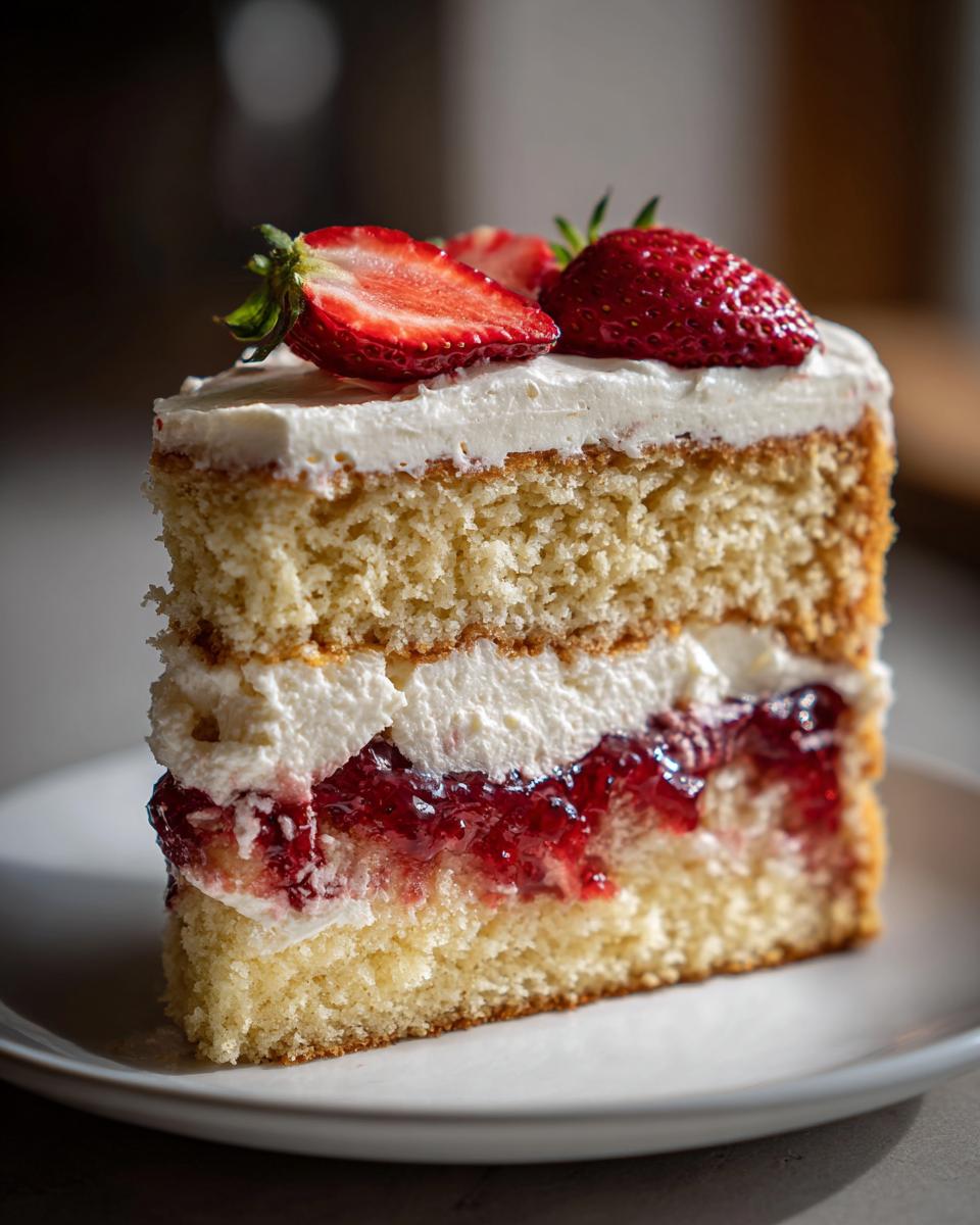 Elegant Victoria Sponge Cake: Perfect Summer Bake 4 A slice of elegant Victoria Sponge Cake filled with cream and jam, topped with fresh strawberries.