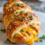 Close-up of a golden-brown baked pastry filled with melted cheese and what appears to be bacon, a Flavorful Firecracker Hot Dogs recipe.