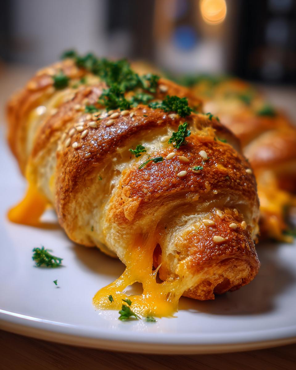 Flavorful Firecracker Hot Dogs: Easy Cheesy Delight 5 Close-up of a Flavorful Firecracker Hot Dog wrapped in golden pastry, with melted cheese oozing out and sprinkled with sesame seeds and parsley.