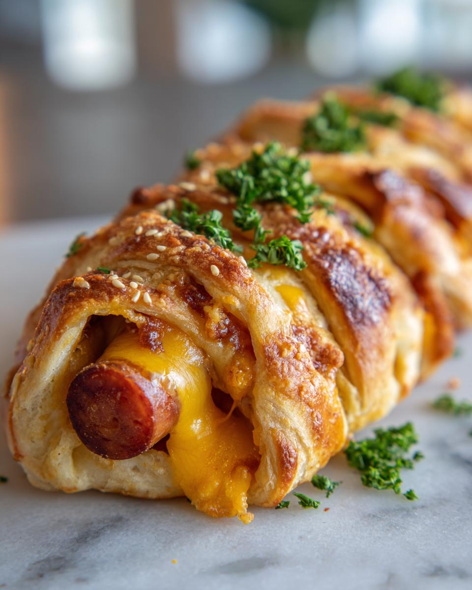 Flavorful Firecracker Hot Dogs: Easy Cheesy Delight 4 Close-up of a Flavorful Firecracker Hot Dog wrapped in golden pastry with melted cheese and fresh parsley.