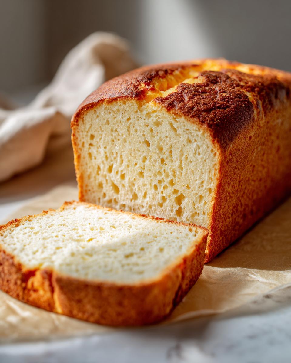 A slice of fluffy keto sandwich bread is pulled away from the loaf, showcasing its light and airy texture.