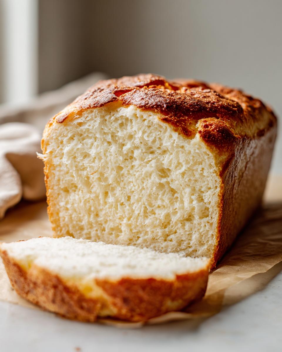 A close-up of a sliced Fluffy Keto Sandwich Bread loaf, showcasing its soft, airy interior and golden-brown crust.