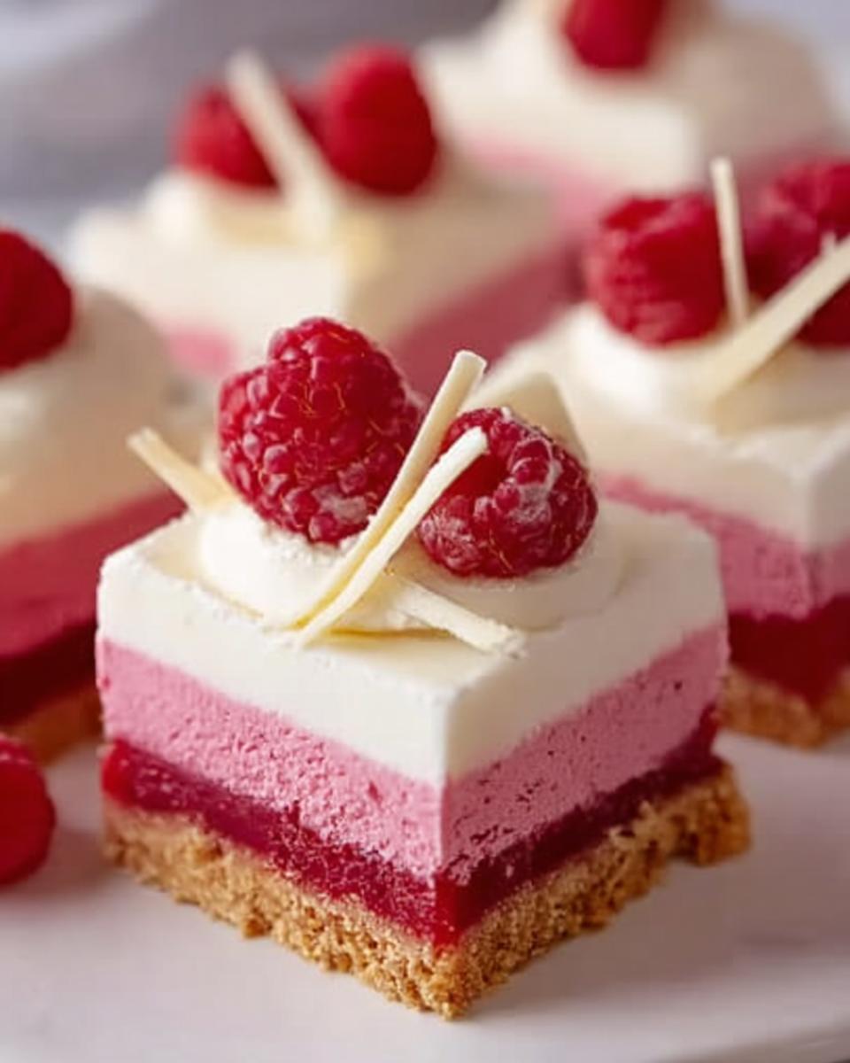 Frozen White Chocolate Raspberry Bars: Dreamy Summer Treat 5 Close-up of a square Frozen White Chocolate Raspberry Bar with layers of white chocolate mousse, raspberry mousse, and raspberry jelly on a crumb crust, topped with fresh raspberries and white chocolate shavings.