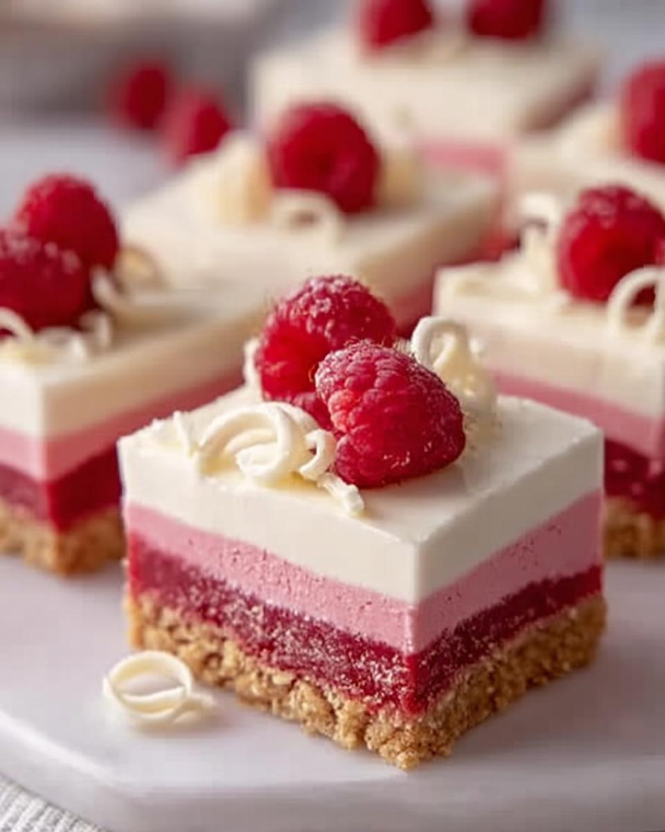Frozen White Chocolate Raspberry Bars: Dreamy Summer Treat 4 A close-up of a layered Frozen White Chocolate Raspberry Bar, topped with fresh raspberries and white chocolate curls.