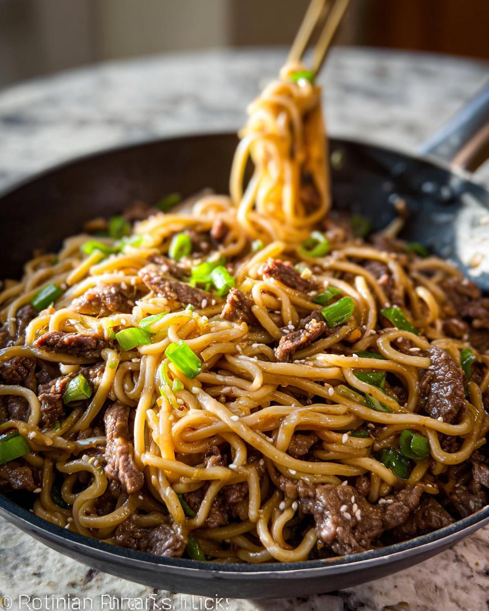 Speedy Garlic Beef Noodle Bowls Recipe 4 Close-up of a pan filled with Garlic Beef Noodle Bowls, with chopsticks lifting a portion.