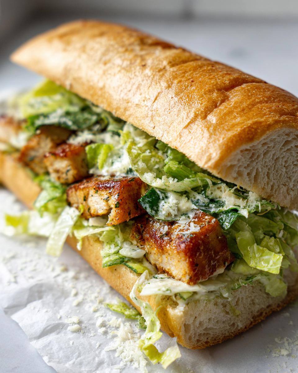 Garlic Butter Chicken Caesar Sandwiches: Easy! 4 A close-up of a Garlic Butter Chicken Caesar Sandwich on a baguette, filled with chicken, lettuce, and Caesar dressing.