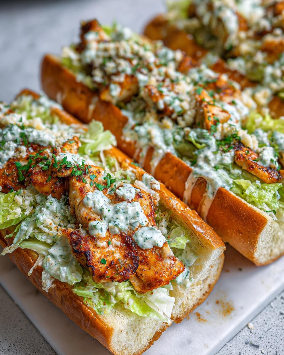Garlic Butter Chicken Caesar Sandwiches: Easy! 5 Close-up of three Garlic Butter Chicken Caesar Sandwiches on toasted buns with lettuce, chicken, and creamy Caesar dressing.
