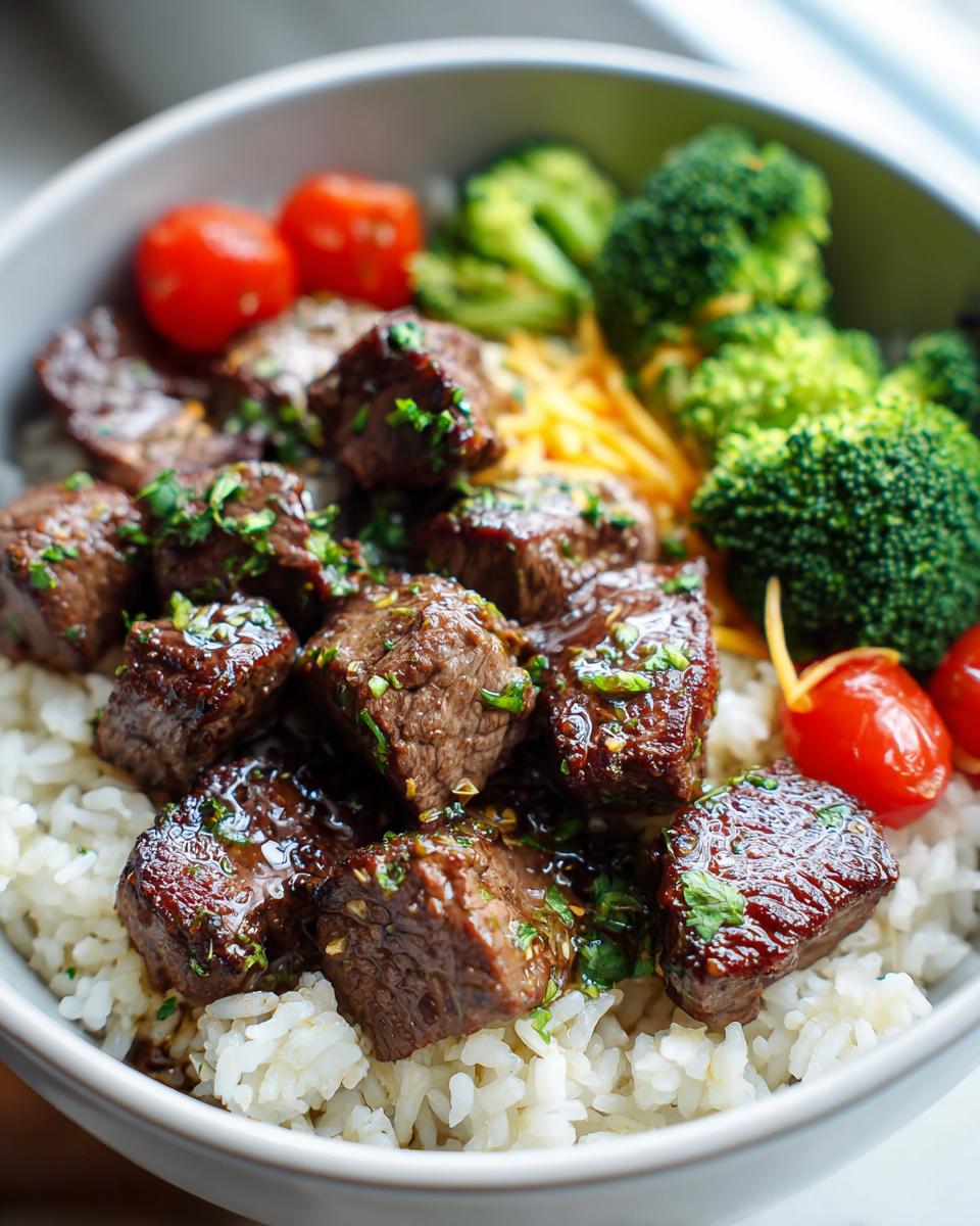 Close-up of Garlic Butter Steak Bite Bowls with rice, steak bites, broccoli, cherry tomatoes, and shredded cheese.