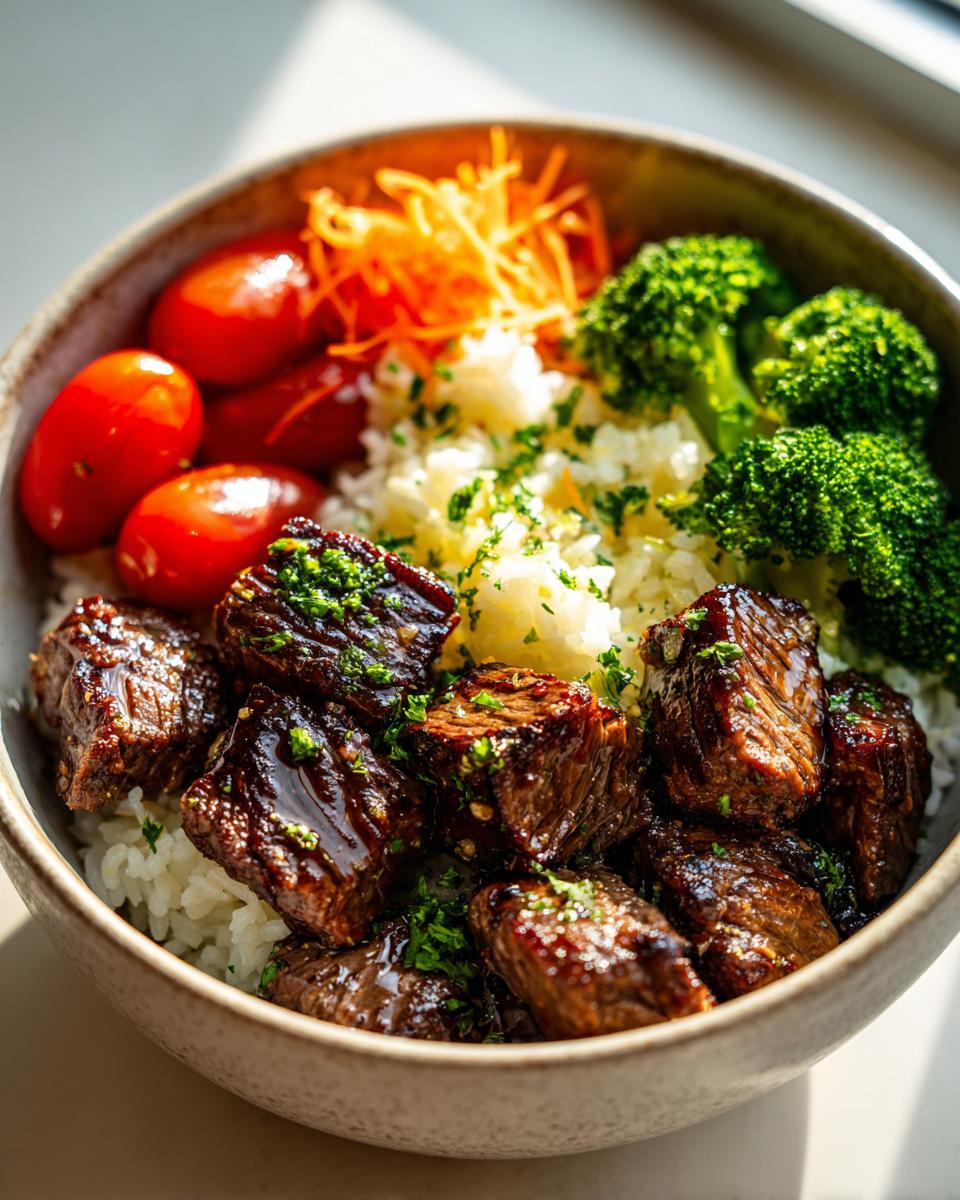 A close-up of Garlic Butter Steak Bite Bowls, featuring tender steak bites over rice with broccoli, cherry tomatoes, and shredded carrots.
