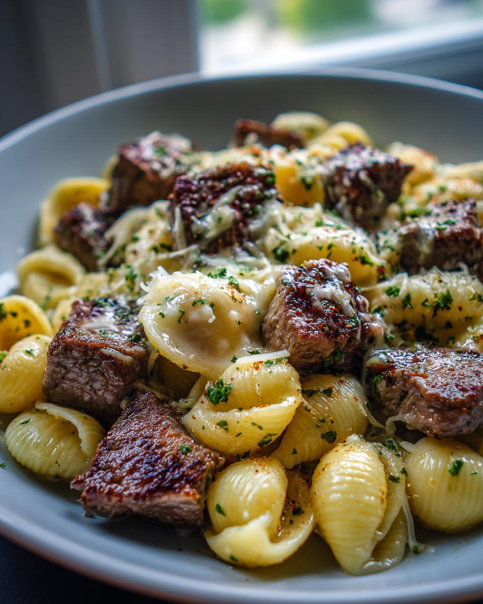 A close-up of a bowl of Garlic Butter Steak Shell Pasta Skillet, featuring tender steak pieces and shell pasta topped with melted cheese and parsley.