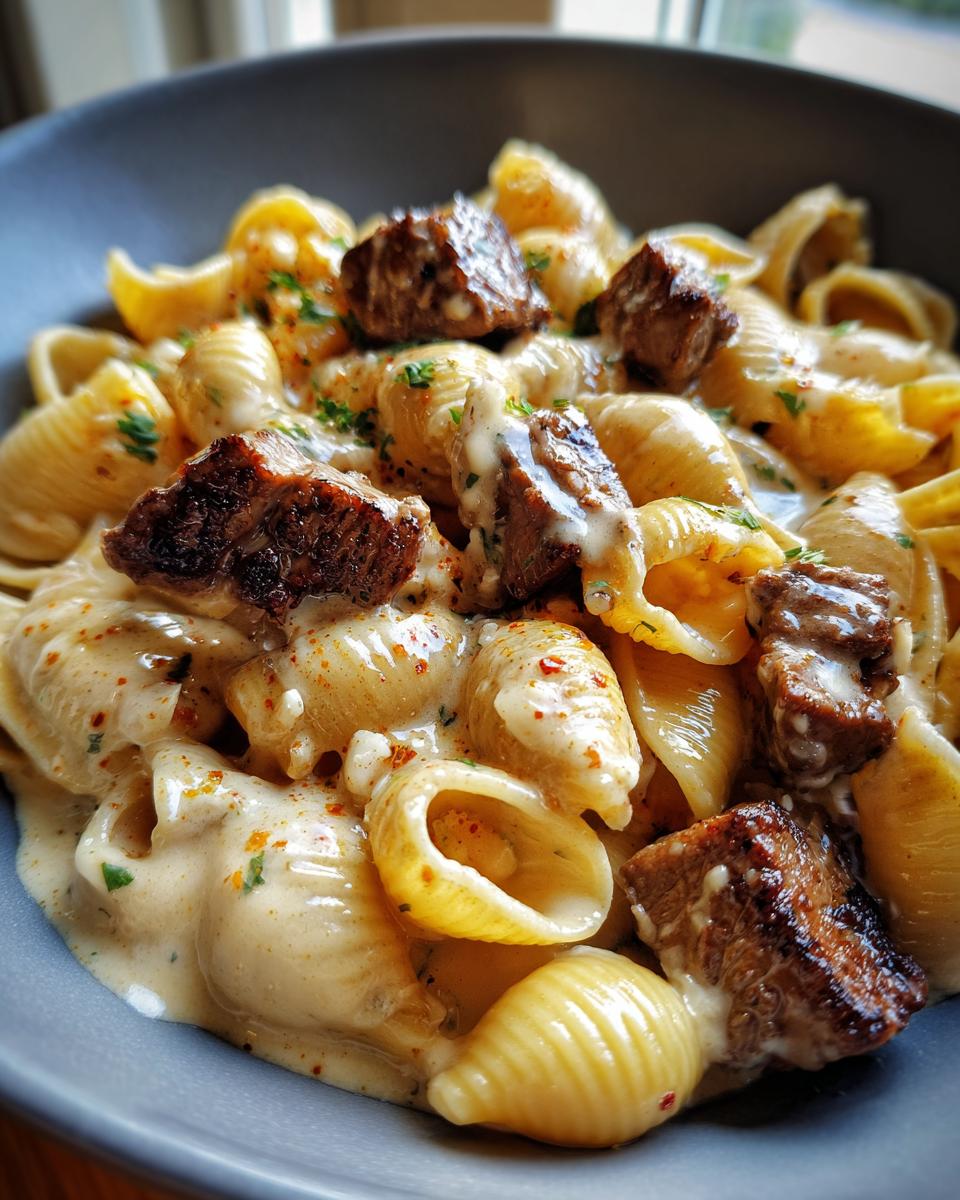Close-up of a bowl of Garlic Butter Steak Shell Pasta Skillet, showing tender steak pieces and creamy sauce coating the shells.