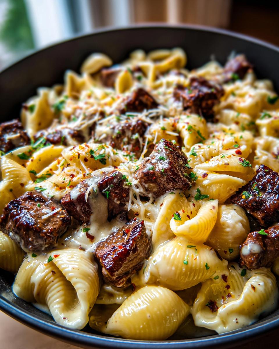 Speedy Garlic Butter Steak Shell Pasta Skillet