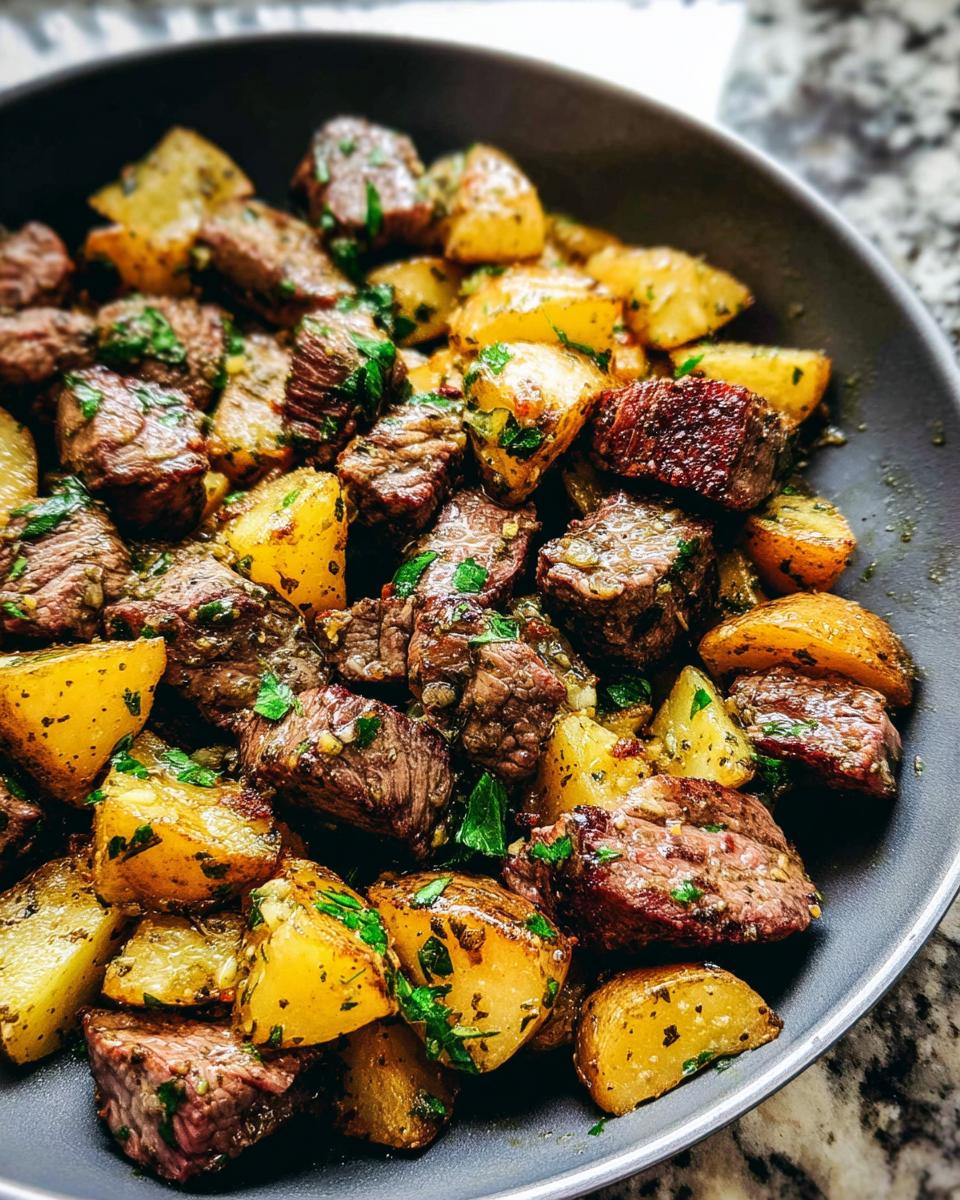 Close-up of Garlic Steak Bites with Potatoes Skillet, featuring tender steak pieces and golden potato wedges seasoned with herbs.