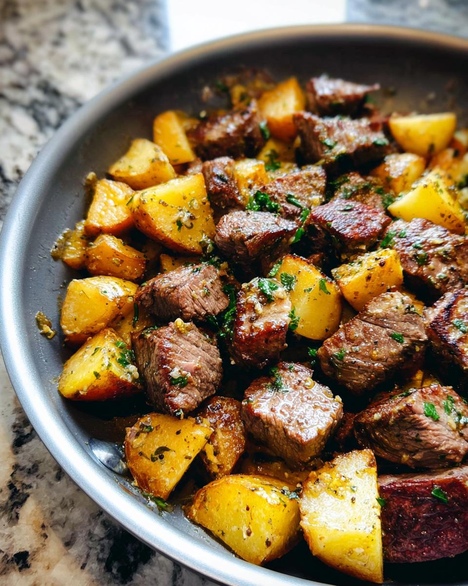 Close-up of Garlic Steak Bites with Potatoes Skillet in a pan, seasoned with herbs.