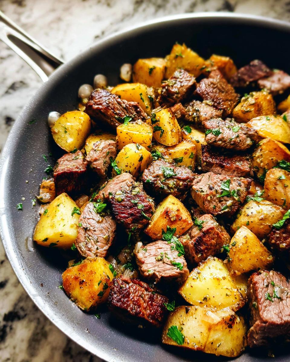 Close-up of Garlic Steak Bites with Potatoes Skillet in a pan, seasoned with herbs.