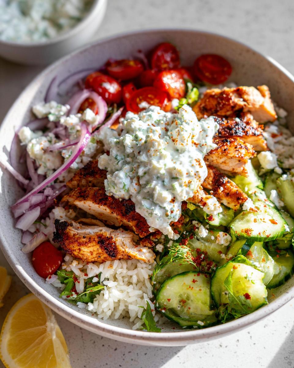 Quick Greek Chicken Bowls with Creamy Tzatziki 5 A delicious bowl of Greek Chicken Bowls with Tzatziki, featuring grilled chicken, rice, cucumbers, tomatoes, red onion, and feta.
